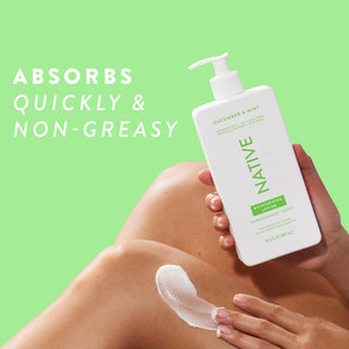 Native Cucumber & Mint Moisturizing Lotion bottle being applied to a person's leg, promoting “Absorbs quickly & non-greasy”