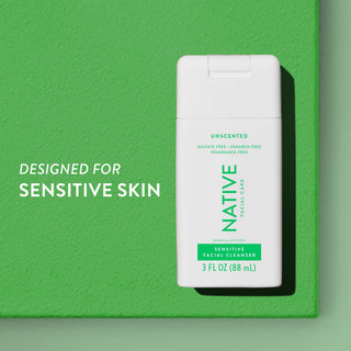 Native Unscented Sensitive Facial Cleanser next to Designed for sensitive skin text