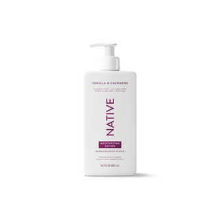 A white pump bottle of Native Brand Vanilla & Cashmere Moisturizing Lotion on a clean white background.