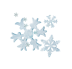 A set of light blue and white snowflake cutouts arranged on a plain white background.