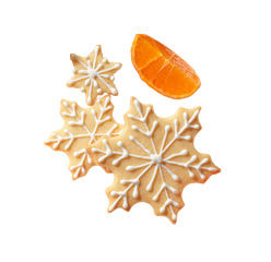 Three decorated gingerbread cookies shaped like snowflakes with white icing patterns, accompanied by a small orange slice, isolated on a white background.