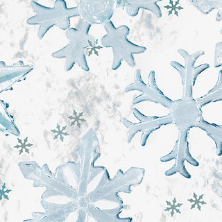 A close-up of a repeating pattern featuring light blue and icy white snowflakes on a textured white background.