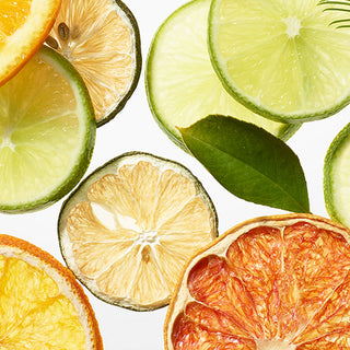 A close-up flat lay of sliced citrus fruits and a green leaf on a white background, including orange, lime, grapefruit, and mandarin slices.