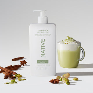 Native Moisturising Lotion, Pistachio & Vanilla Chai flavour, with spices & pistachios.