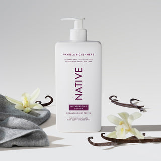 Native Moisturising Lotion, Vanilla & Cashmere, featuring 'free from' ingredient claims.