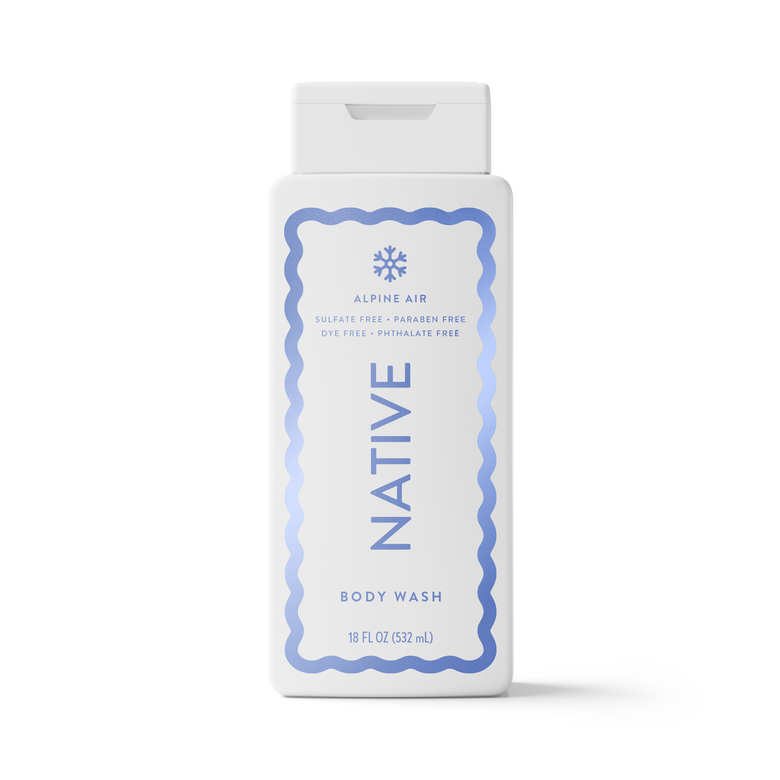 Native Alpine Air body wash in a white rectangular bottle with a white cap, featuring a blue wavy border and text on the front label.