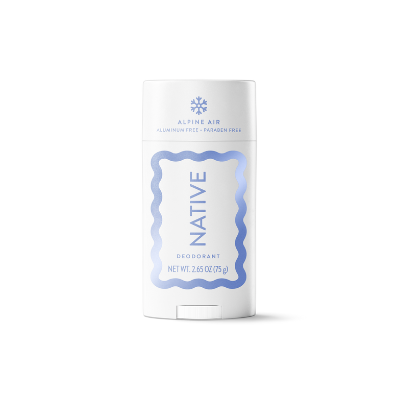 A white aluminum deodorant stick with blue text and border details, labeled 'ALPINE AIR NATIVE DEODORANT' on a clean white background.