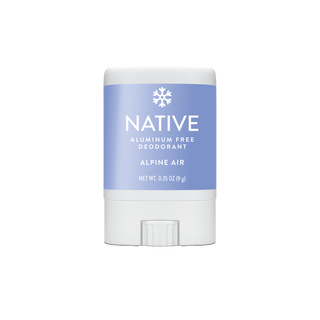 A Native brand aluminum-free deodorant stick in the Alpine Air scent, featuring a light blue label and white container on a solid white background.