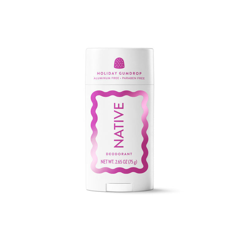 A white Native brand deodorant stick with pink and purple accents, labeled 'Holiday Gumdrop' on a clean white background.