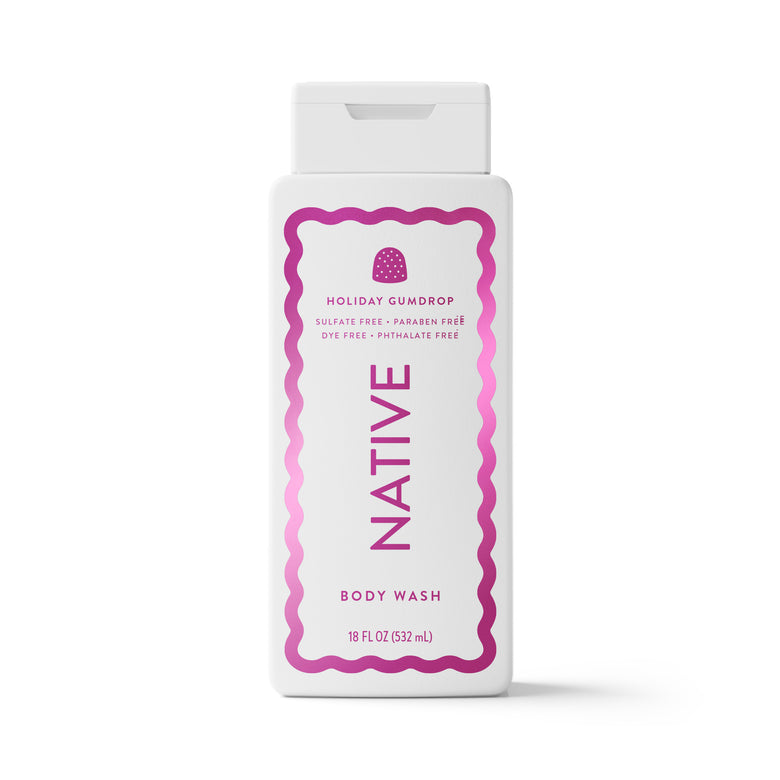 Three white Native Hair Care bath and body products on a white background: a 16.5 fl oz body wash bottle, a 16.