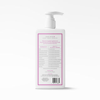 A white pump bottle of hand and foot care product shown from the back, featuring a pink border and dense black and pink text on the label, set against a clean white background.