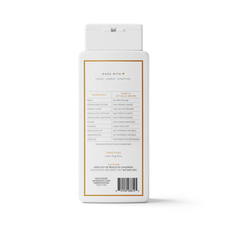 A white plastic bottle of 'Made with Clean Simple Effective' shown from the back, featuring a white label with gold borders and black text, on a clean white background.