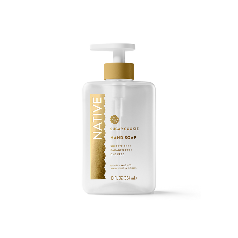Native Sugar Cookie Hand Soap in a 13 fl oz pump bottle, featuring a white bottle with a gold accent stripe and gold pump collar on a white background.