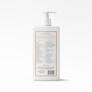 A white pump bottle of body wash shown from the back, featuring a detailed ingredient list printed on a gold-bordered label, set against a clean white background.