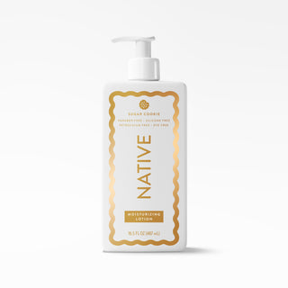 A white pump bottle of Native Moisturizing Lotion with a gold decorative label, set against a clean white background.