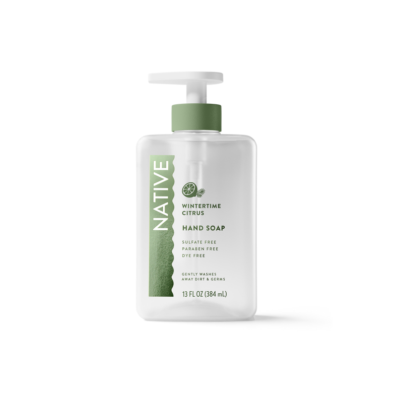 Native brand Wintertime Citrus hand soap in a 13 fl oz white pump bottle with a sage green cap and label accents, shown on a clean white background.