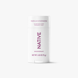 Native Vanilla & Cashmere Deodorant, highlighting Aluminium Free & Paraben Free.