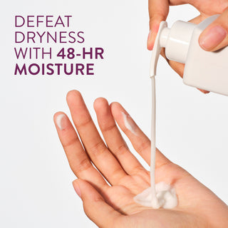 Lotion being dispensed onto a hand, highlighting '48-HR MOISTURE' to defeat dryness.