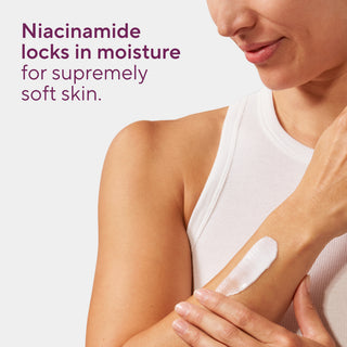 Niacinamide locking in moisture for supremely soft skin, demonstrated on a woman's arm.