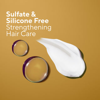 Promotional graphic for hair care with the text 'Sulfate & Silicone Free Strengthening Hair Care' on a warm mustard background, alongside a smear of white cream and two glossy droplets.