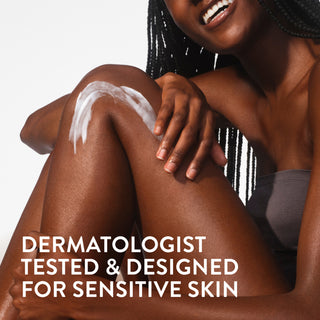 Cream applied to leg, highlighting 'Dermatologist Tested & Designed for Sensitive Skin'.