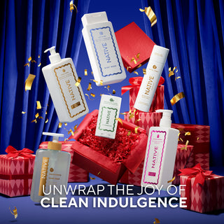 Native brand products with red gift boxes and blue curtain background