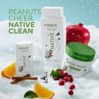 Native x Peanuts Holiday Magic body wash, deodorant, and detoxifying body scrub.