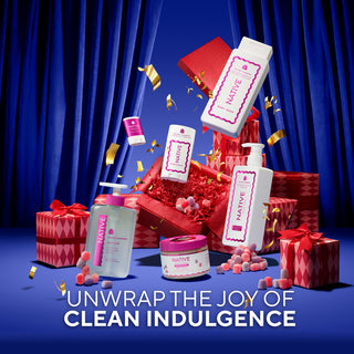 Native beauty products with red gift boxes and blue curtain background, featuring 'Sweet Surprises Await!' text.
