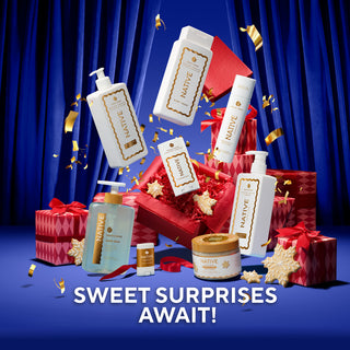 Native skincare products with red gift boxes and confetti on a blue background, text 'Sweet Surprises Await!'.