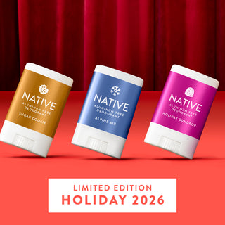 Three Native deodorant sticks in different flavors on a red background with 'Limited Edition Holiday 2026' text.