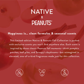 A promotional graphic for the Native x Peanuts Fall Collection, featuring a dark red background with a faint pattern of peanuts and cinnamon sticks. White text reads 'NATIVE x PEANUTS' and 'Happiness is.