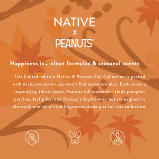 Promotional graphic for the Native x Peanuts Fall Collection, featuring an orange background with autumn leaf and branch illustrations, and white text describing seasonal scents inspired by pumpkin patches, leaf piles, and Snoopy's daydreams.