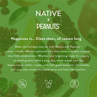 Native x Peanuts personal care, highlighting 'Happiness is... Clean cheer, all season long'.