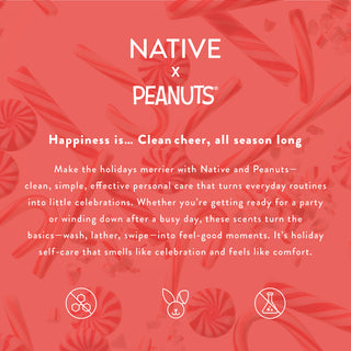 A red promotional graphic for Native x Peanuts personal care, featuring white text and icons over a festive candy pattern background.