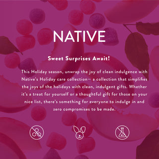 Promotional text for Native's Holiday care collection with a pink background and berry graphics.