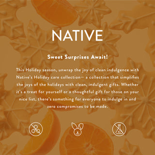 A promotional graphic for Native Holiday care collection with a warm orange-brown background, white text reading 'NATIVE' and 'Sweet Surprises Await!', decorative cookie outlines, sliced orange imagery, and three small line icons at the bottom.