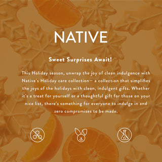 Advertisement for Native's Holiday care collection with decorative elements and text on an orange background.