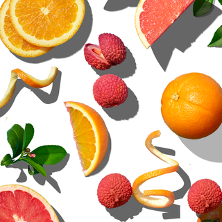 Lychee fruit and and orange, arranged with orange and blood orange slices